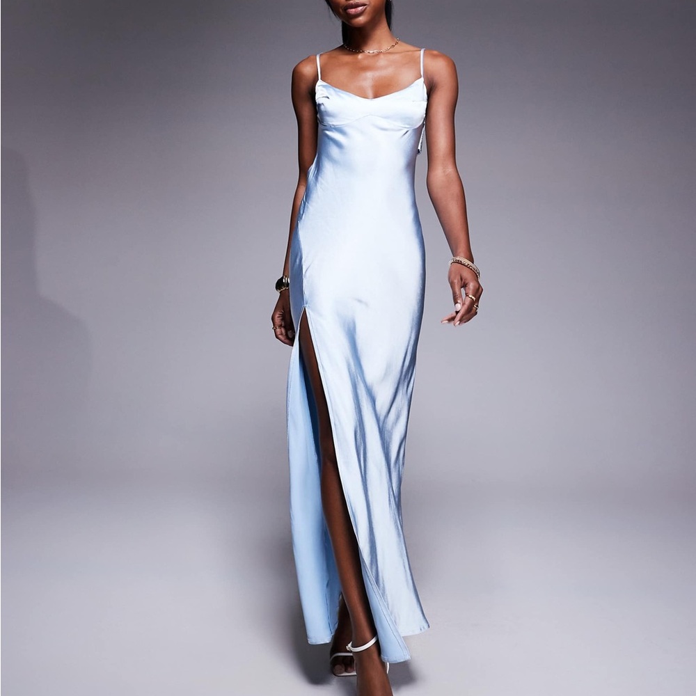 Princess Polly Light Blue Satin Slip Maxi Dress with Side Slit